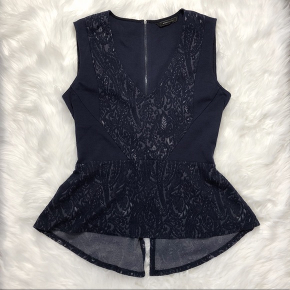 BCBGMaxAzria Tops - BCBG Steffiana Lace Knit Jacquard Peplum Navy